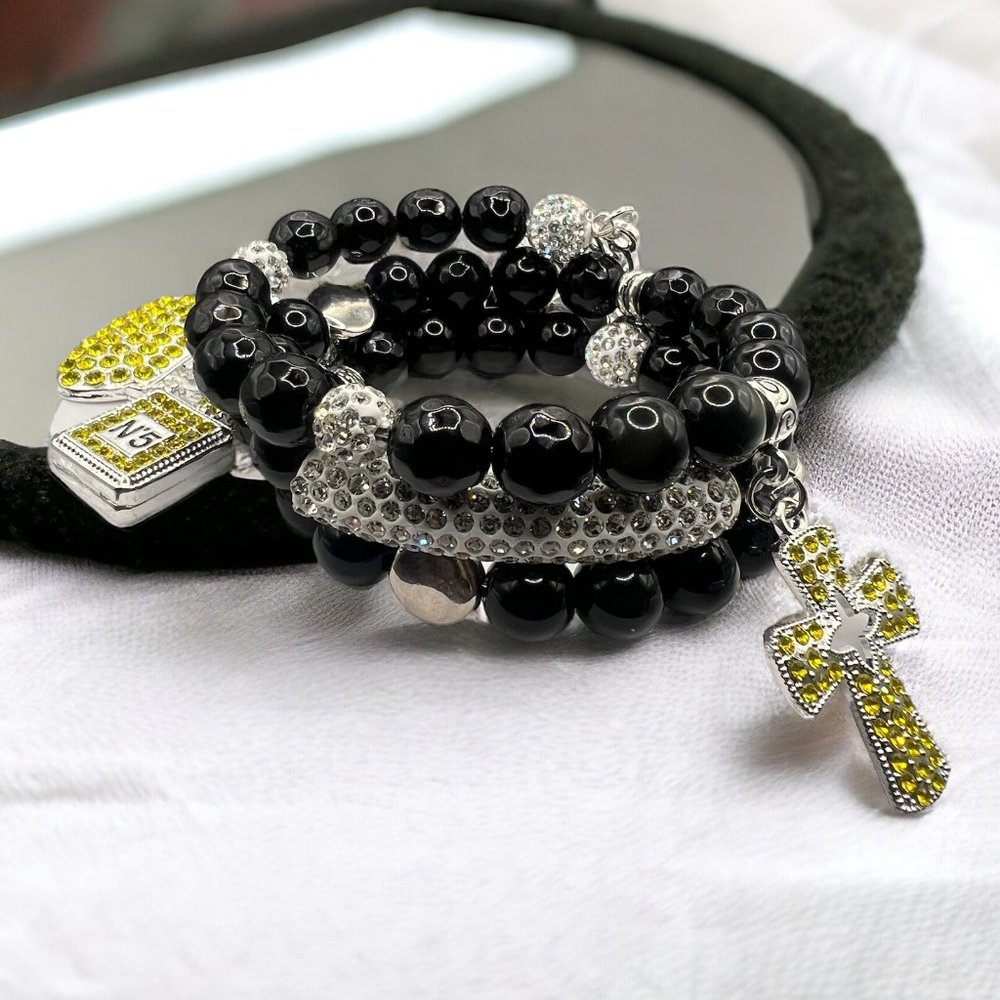 10MM Onyx black grade AA beads with silver MOM bling charms, and yellow bling ac